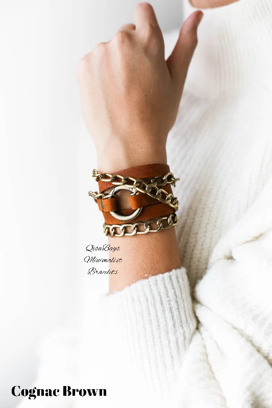 Small Ring Leather Bracelets with Chain - All colors