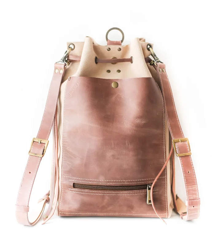 Taupe Leather Drawstring Backpack Purse