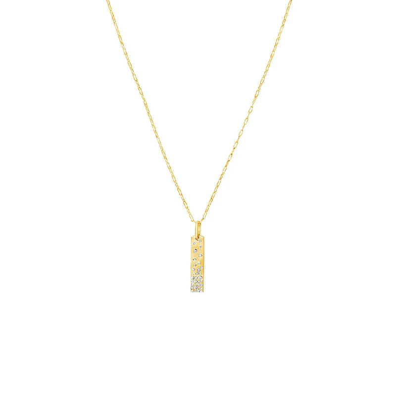 14 Karat Yellow Gold Matte Vertical Bar Pendant with White Diamonds