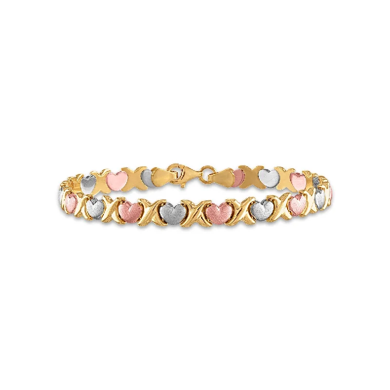 14KT Gold Tri-Color 7-inch Heart Bracelet