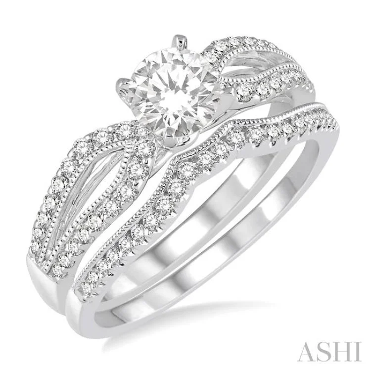 1/2 Ctw Diamond Bridal Set with 3/8 Ctw Round Cut Engagement Ring and 1/10 Ctw Wedding Band in 14K White Gold