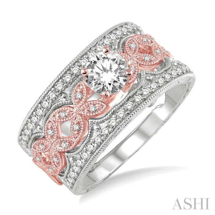 3/4 Ctw Diamond Wedding Set with 3/8 Ctw Round Cut Engagement Ring and Two 1/3 Ctw Wedding Band in 14K Rose and White Gold