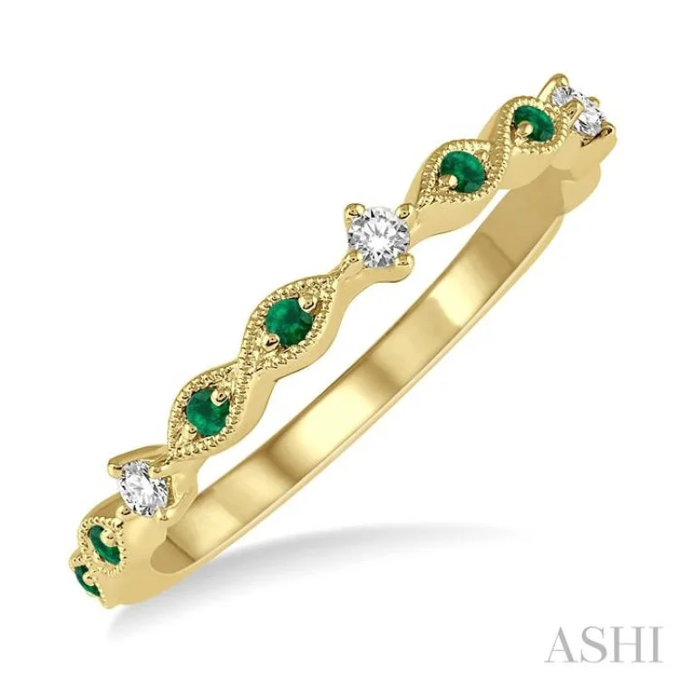 1.25 MM Round Cut Green Emerald and 1/20 Ctw Round Cut Diamond Half Eternity Wedding Band in 14K Yellow Gold