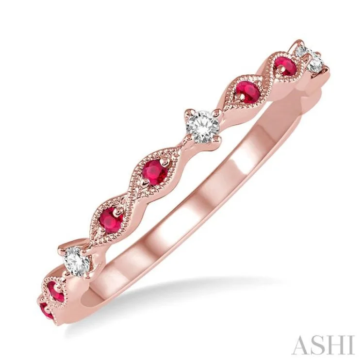 1.25 MM Round Cut Ruby and 1/20 Ctw Round Cut Diamond Half Eternity Wedding Band in 14K Rose Gold