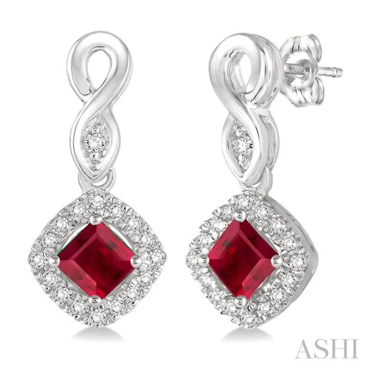 4x4 MM Cushion Shape Ruby and 1/5 Ctw Round Cut Diamond Earrings in 14K White Gold