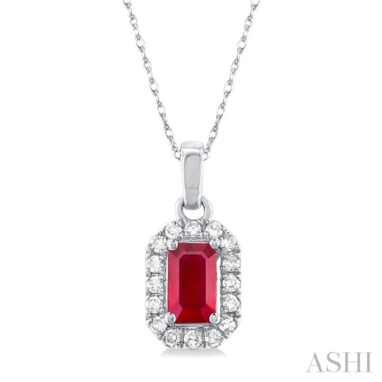 1/20 ctw Round Cut Diamond and 5X3MM Octagonal Shape Ruby Halo Precious Pendant with Chain in 14K White Gold