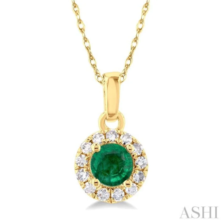 1/20 ctw Round Cut Diamond and 3.25MM Round Cut Emerald Halo Precious Pendant with Chain in 10K Yellow Gold