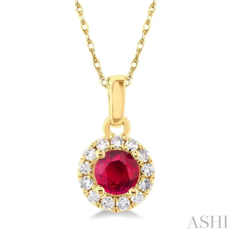 1/20 ctw Round Cut Diamond and 3.25MM Round Cut Ruby Halo Precious Pendant with Chain in 10K Yellow Gold