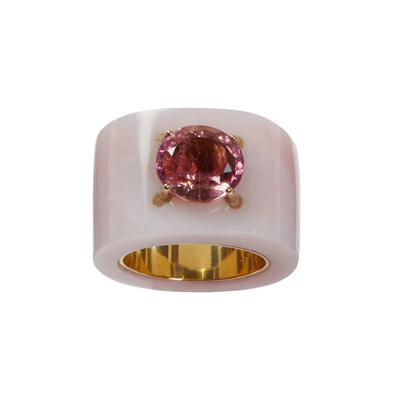 Round Pink Opal and Pink Tourmaline Ring