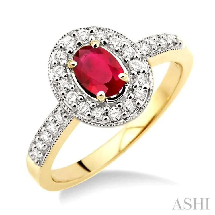 6x4 MM Oval Cut Ruby and 1/4 Ctw Round Cut Diamond Ring in 14K Yellow Gold