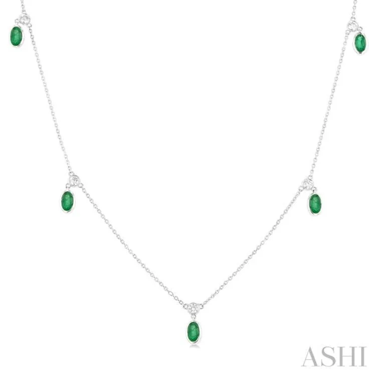 1/4 ctw Round Cut Diamonds and 5X3MM Oval Shape Emerald Precious Station Necklace in 14K White Gold