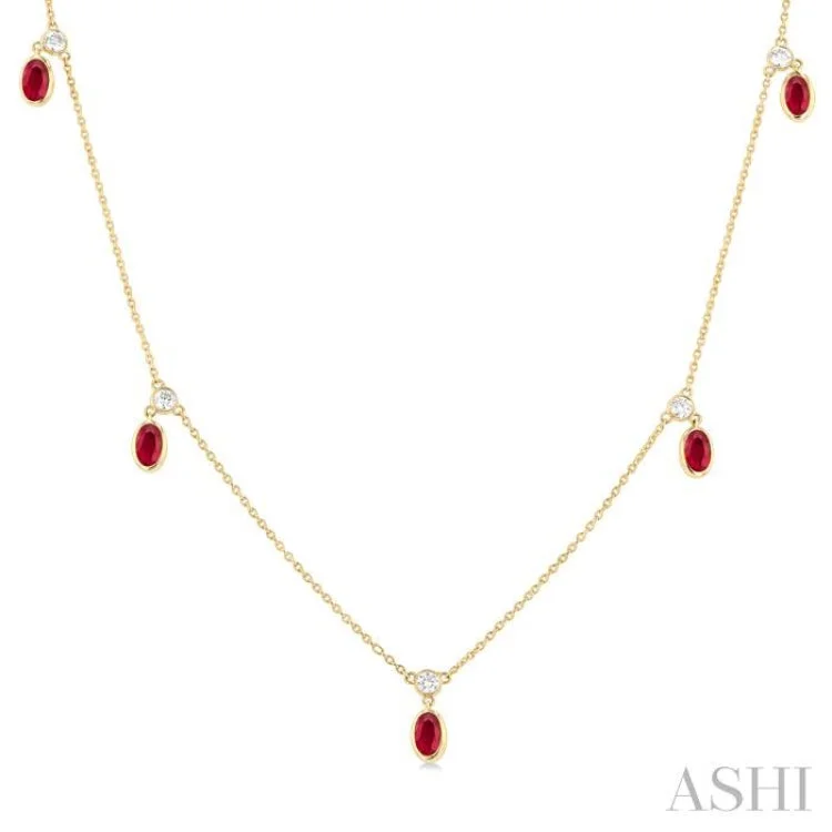 1/4 ctw Round Cut Diamonds and 5X3MM Oval Shape Ruby Precious Station Necklace in 14K Yellow Gold