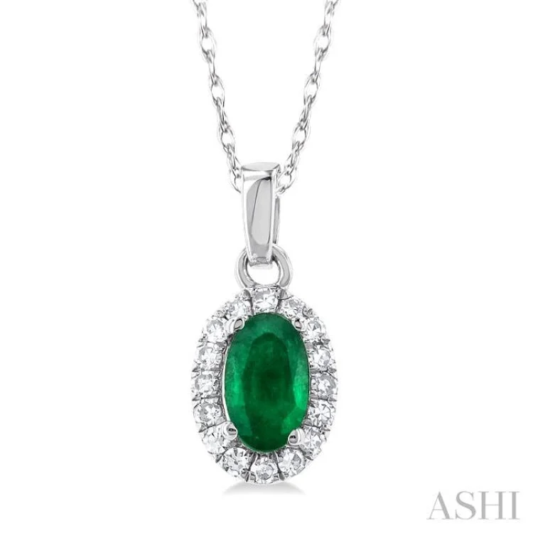 1/20 ctw Round Cut Diamond and 5X3MM Oval Shape Emerald Halo Precious Pendant with Chain in 14K White Gold