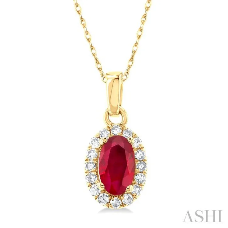 1/20 ctw Round Cut Diamond and 5X3MM Oval Shape Ruby Halo Precious Pendant with Chain in 14K Yellow Gold