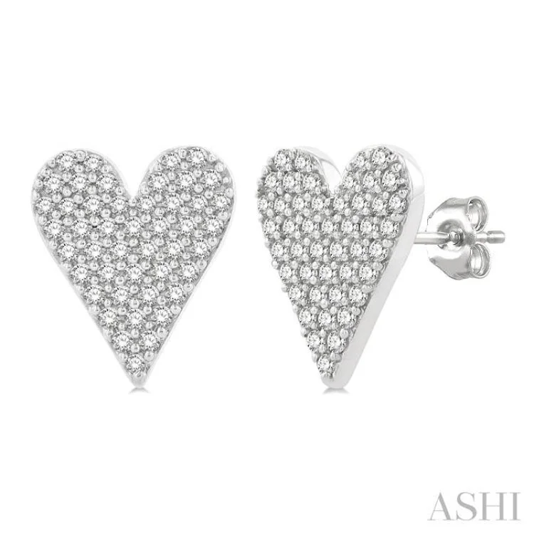 1/3 ctw Petite Heart Pave Set Round Cut Diamond Fashion Stud Earring in 10K White Gold