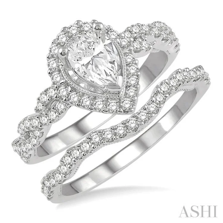 1 Ctw Diamond Wedding Set With 3/4 ctw Round & Pear Cut Engagement Ring and 1/5 ctw Curvy Wedding Band in 14K White Gold