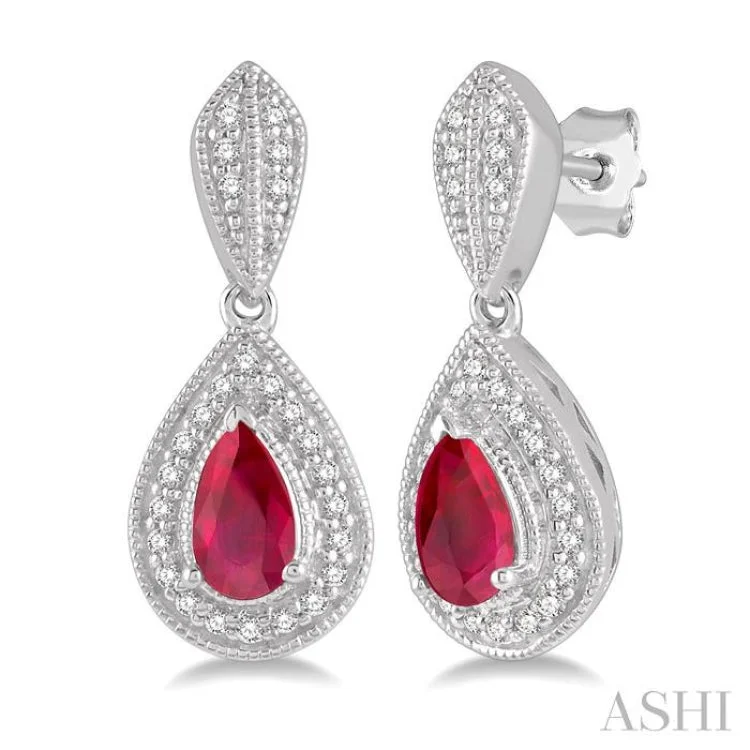 1/6 Ctw Pear Shape 5x3 MM Ruby & Round Cut Diamond Precious Earring in 10K White Gold