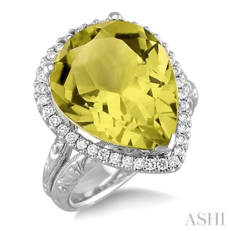 16x13mm Pear Shape Lemon Quartz and 1/3 Ctw Round Cut Diamond Ring in 14K White Gold