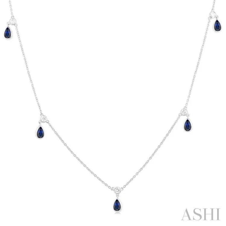 1/4 ctw Round Cut Diamonds and 5X3MM Pear Shape Sapphire Precious Station Necklace in 10K White Gold