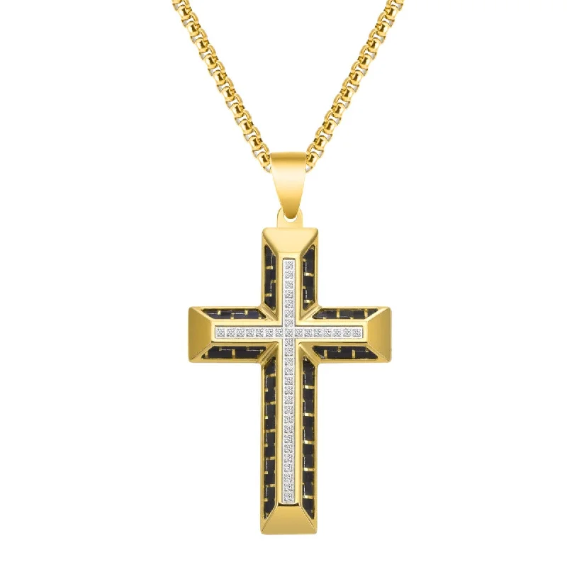 Titan by Adrian Gonzalez Yellow Stainless Steel 1/5 CTW Diamond 32X48MM 24-inch Carbon Fiber Cross Pendant