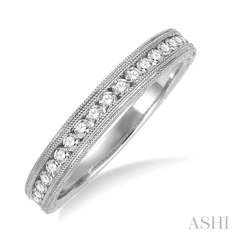 1/3 ctw Milgrain and Round Cut Diamond Wedding Band in 14K White Gold