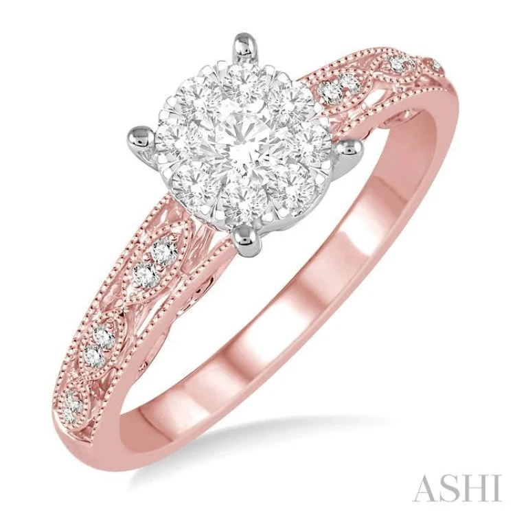 1/3 Ctw Round Cut Diamond Lovebright Engagement Ring in 14K Rose and White Gold