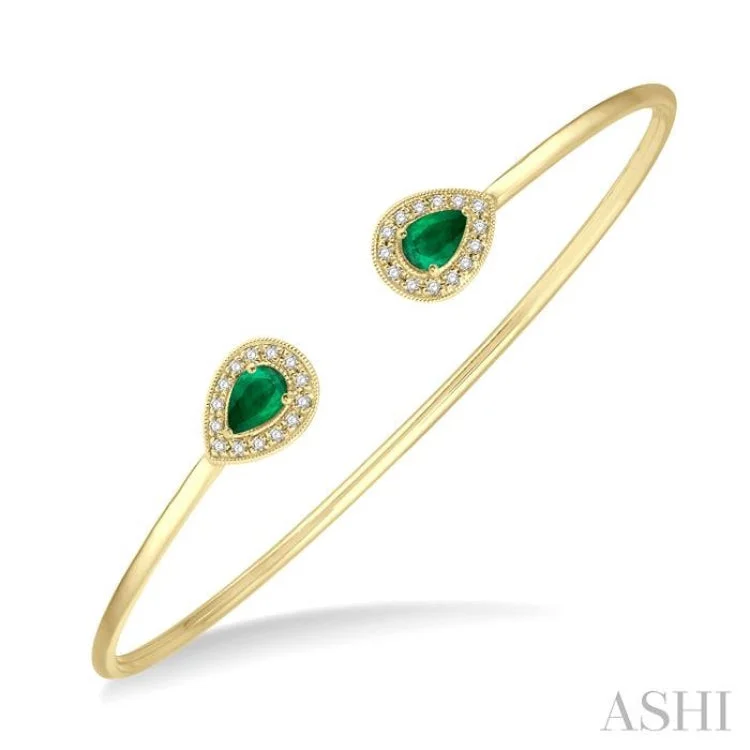 1/5 ctw Pear Shape 6x4mm Emerald & Round Cut Diamond Precious Flexi Bangle in 14K Yellow Gold