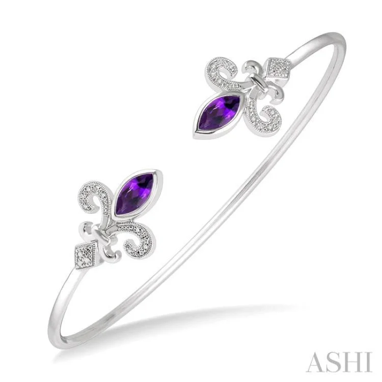 1/20 ctw Marquise Shape 8x4mm Amethyst & Round Cut Diamond Fleur De Lis Flexi Bangle in Sterling Silver