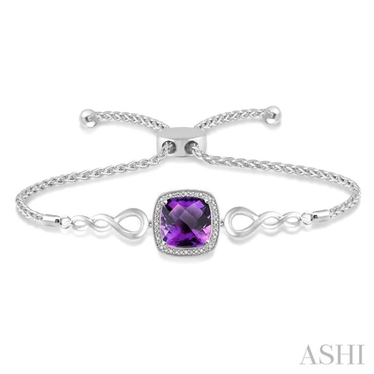 1/20 Ctw Cushion Cut 10x10mm Amethyst Round Cut Diamond Sterling Silver Lariat Bracelet