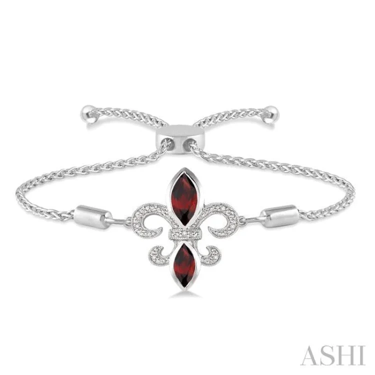 1/20 Ctw Round Diamond and Marquise 10x5mm & 8x4mm Garnet Fleur De Lis Sterling Silver Lariat Bracelet