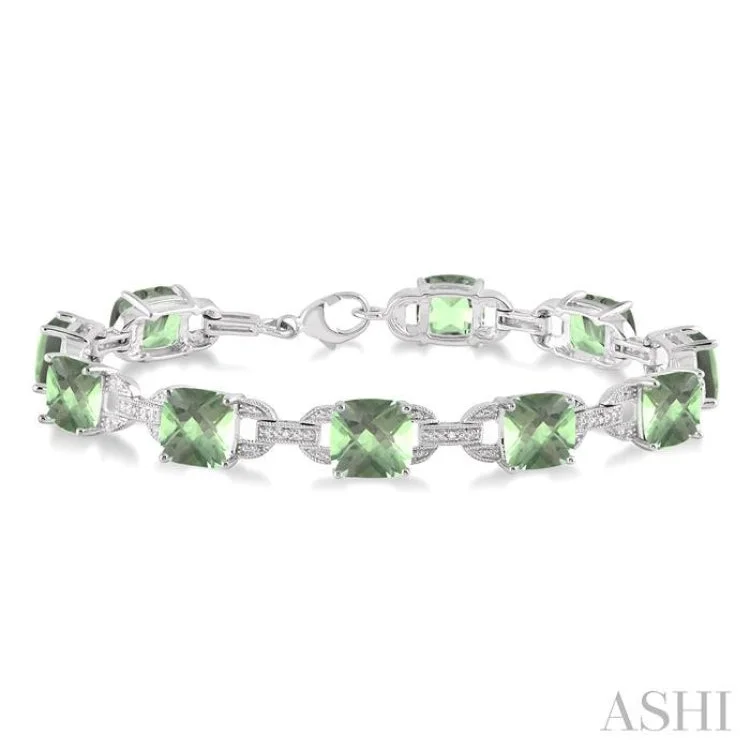 7x7 mm Cushion Cut Green Amethyst and 1/20 Ctw Round Cut Diamond Fashion Bracelet in Sterling Silver