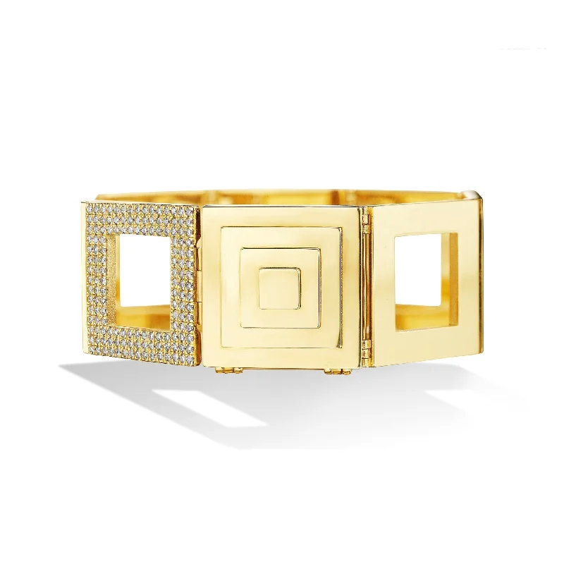 Wide Small Yellow Gold Foundation Statement Bracelet with Pave Diamonds