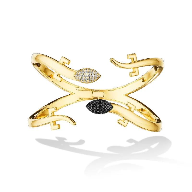 Yellow Gold Origin Statement Cuff Bracelet with White and Black Pave Diamonds