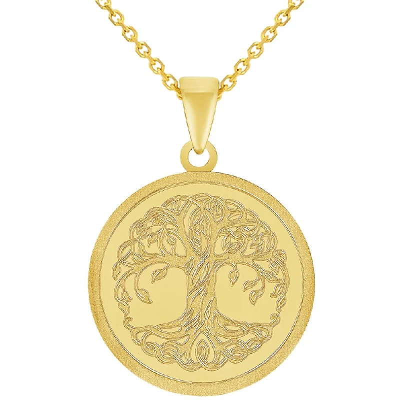 14k Solid Yellow Gold Tree of Life Medallion Pendant with Rolo Cable, Cuban Curb, or Figaro Chain Necklace