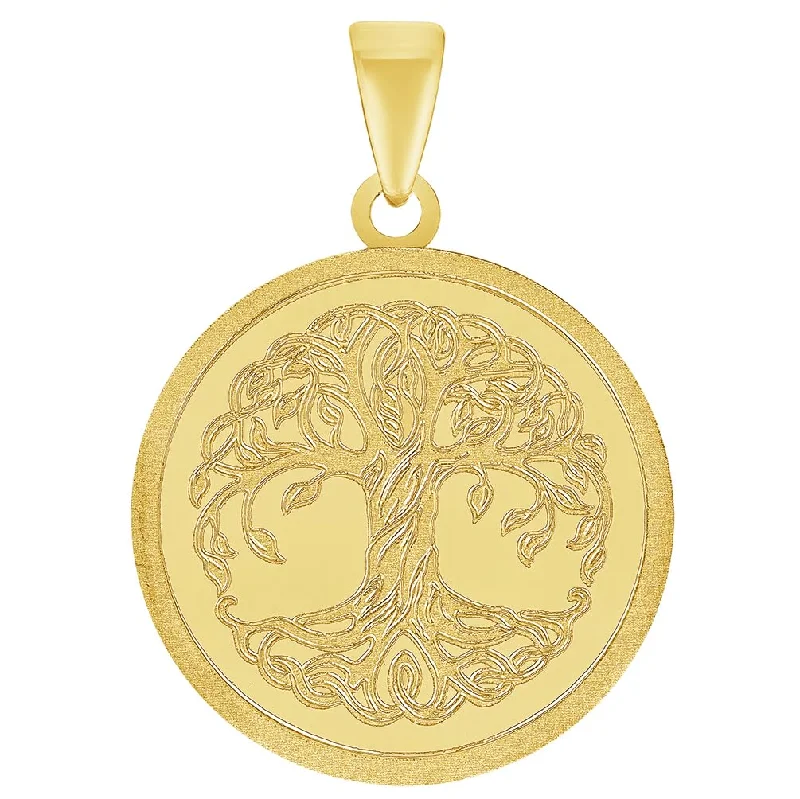 14k Solid Yellow Gold Tree of Life Medallion Pendant with Rolo Cable, Cuban Curb, or Figaro Chain Necklace