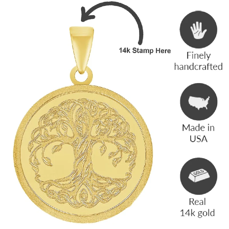 14k Solid Yellow Gold Tree of Life Medallion Pendant with Rolo Cable, Cuban Curb, or Figaro Chain Necklace