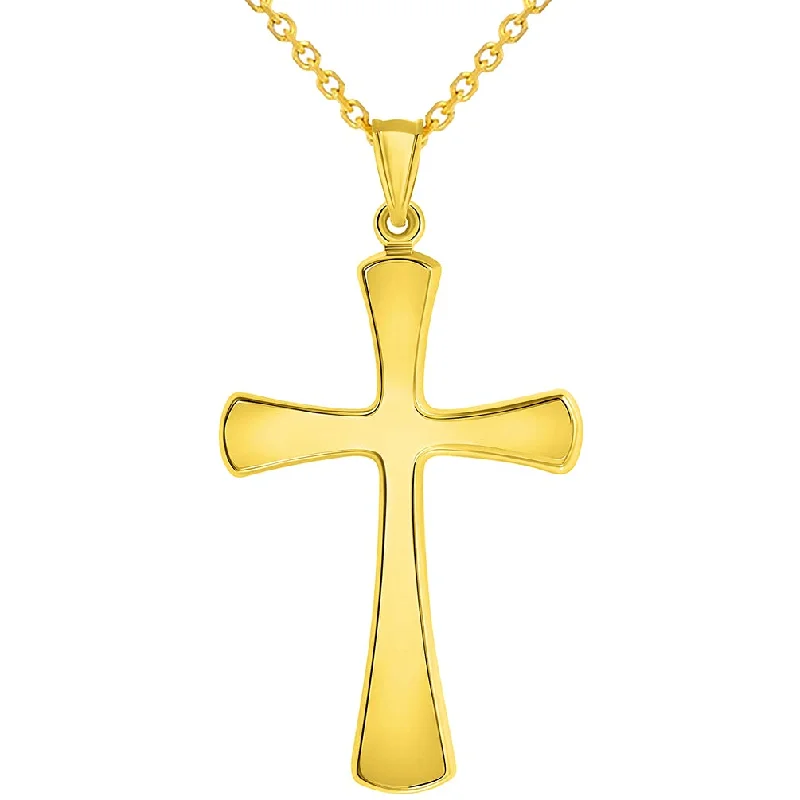 14k Yellow Gold High Polished Large Simple Religious Cross Pendant With Cable, Curb or Figaro Chain Necklace