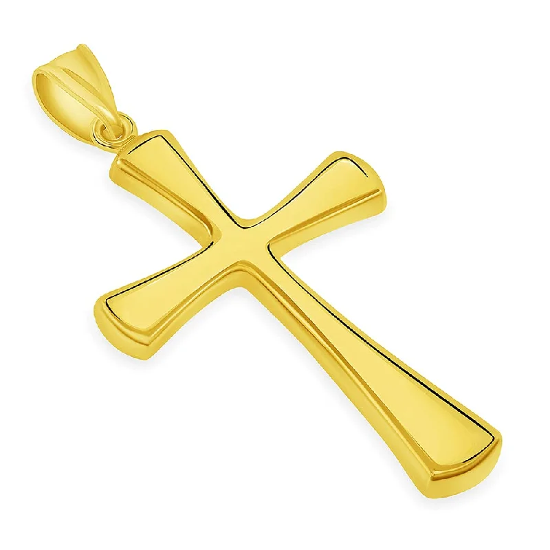 14k Yellow Gold High Polished Large Simple Religious Cross Pendant With Cable, Curb or Figaro Chain Necklace