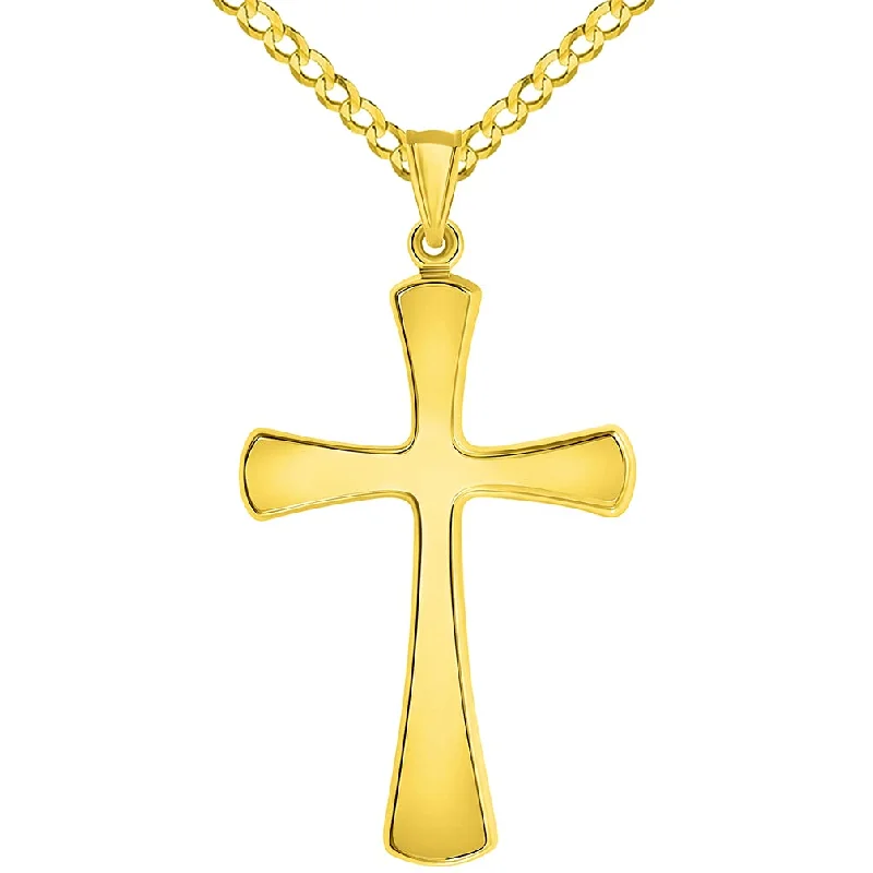 14k Yellow Gold High Polished Large Simple Religious Cross Pendant With Cable, Curb or Figaro Chain Necklace