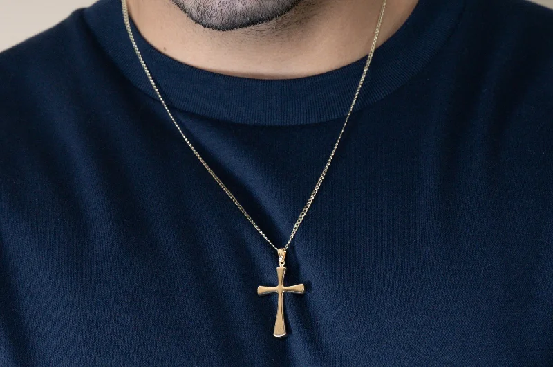 14k Yellow Gold High Polished Large Simple Religious Cross Pendant With Cable, Curb or Figaro Chain Necklace