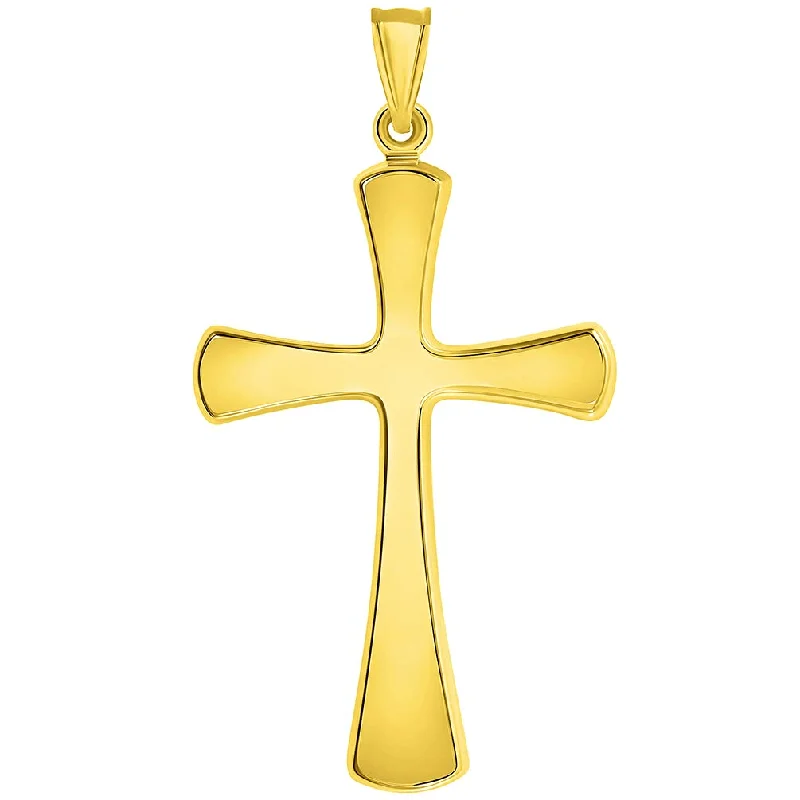 14k Yellow Gold High Polished Large Simple Religious Cross Pendant With Cable, Curb or Figaro Chain Necklace