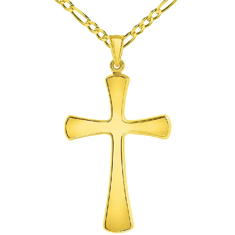 14k Yellow Gold High Polished Large Simple Religious Cross Pendant With Cable, Curb or Figaro Chain Necklace