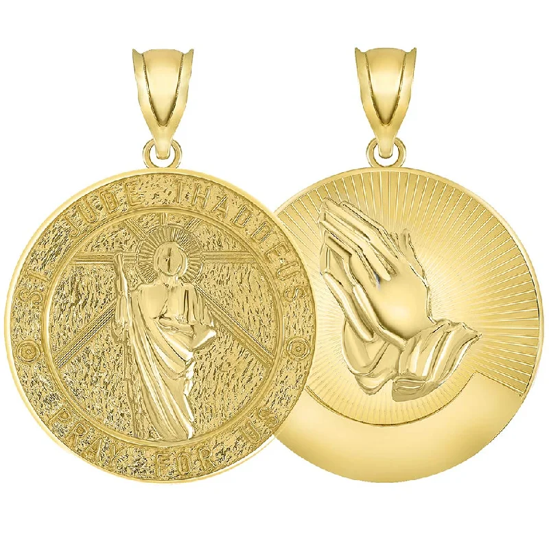 14k Yellow Gold Round Saint Jude Thaddeus Pray For Us Medallion with Praying Hands Pendant