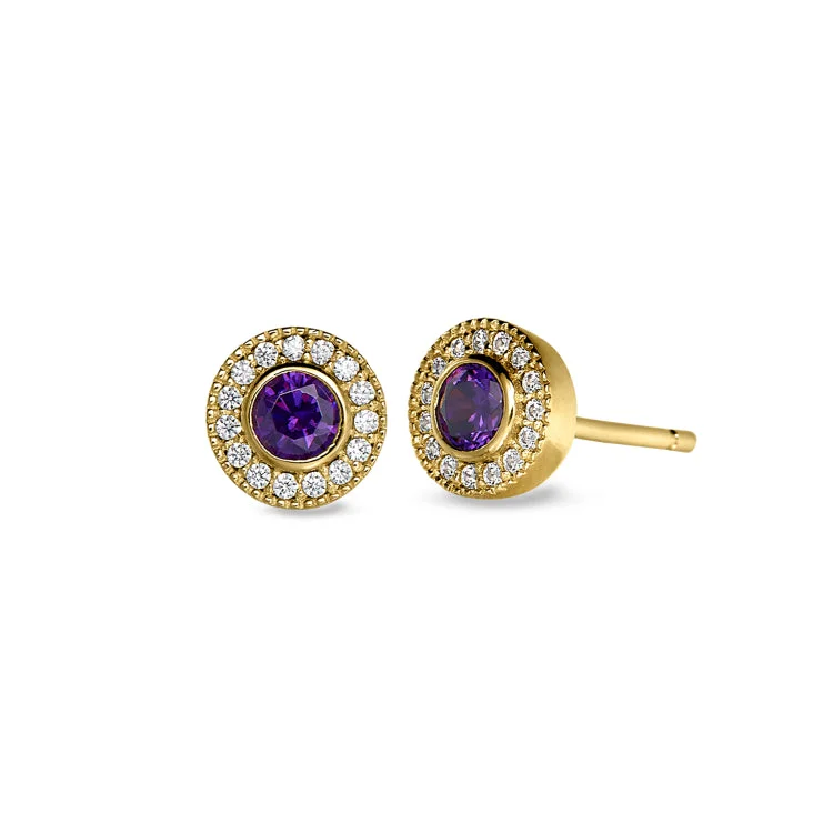 Gold Finish Sterling Silver Micropave Round Simulated Amethyst Earrings with Simulated Diamonds