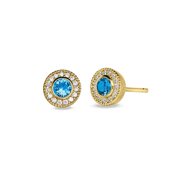 Gold Finish Sterling Silver Micropave Round Simulated Blue Topaz Earrings with Simulated Diamonds