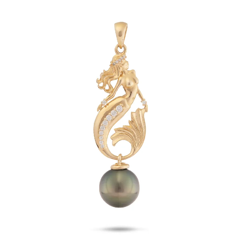 Ocean Dance Mermaid Tahitian Black Pearl Pendant in Gold with Diamonds - 9-10mm