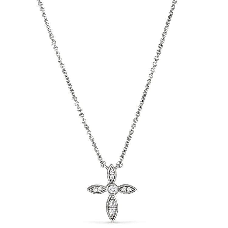 Platinum Finish Sterling Silver Micropave Marquis Cross Pendant with Simulated Diamonds on 16