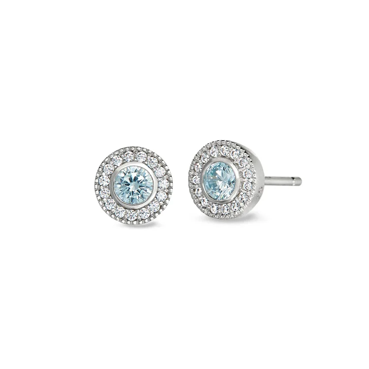 Platinum Finish Sterling Silver Micropave Round Simulated Aquamarine Earrings with Simulated Diamonds