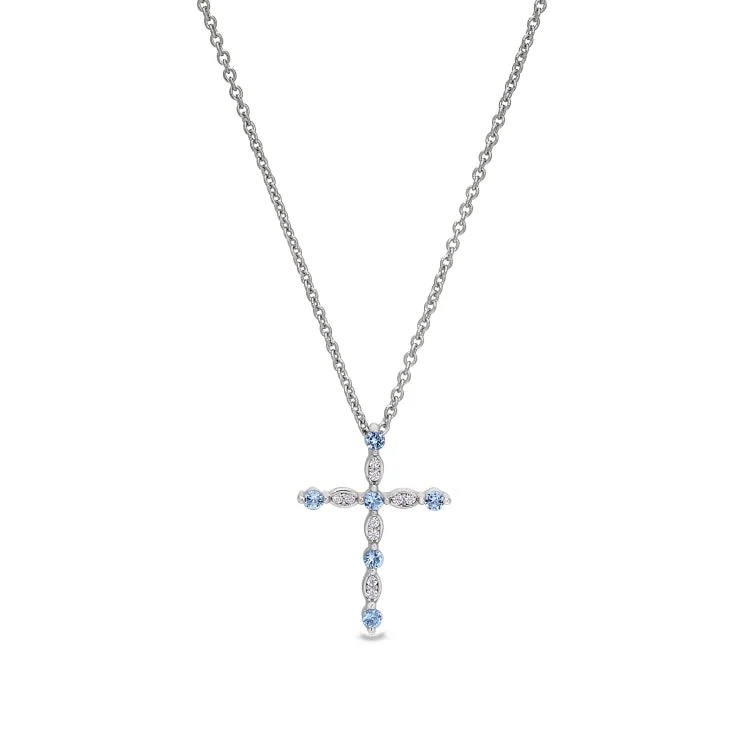 Platinum Finish Sterling Silver Simmulated Aquamarie Cross Pendant with Simmulated Diamonds on 16