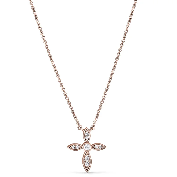 Rose Gold Finish Sterling Silver Micropave Marquis Cross Pendant with Simulated Diamonds on 16